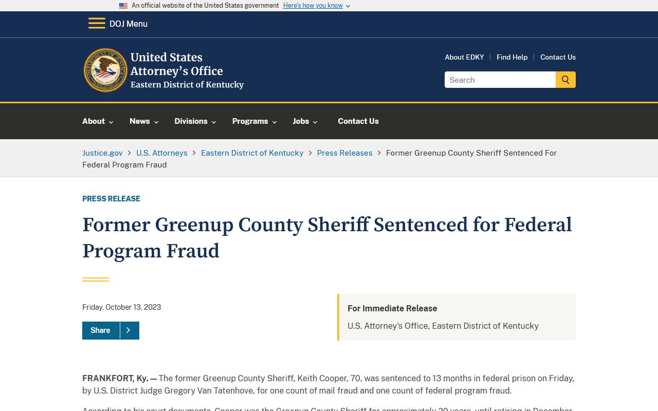 Greenup County arrest records and court charges U.S. Attorney federal case source