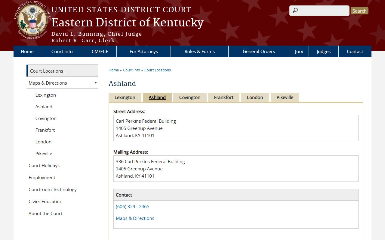 Eastern District of Kentucky Ashland federal courthouse page