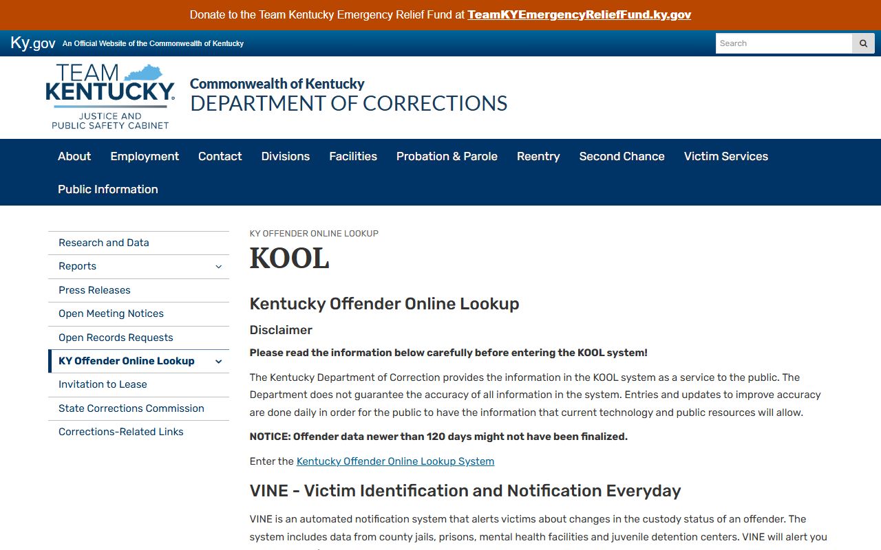 Greenup County inmate records Kentucky DOC KOOL source