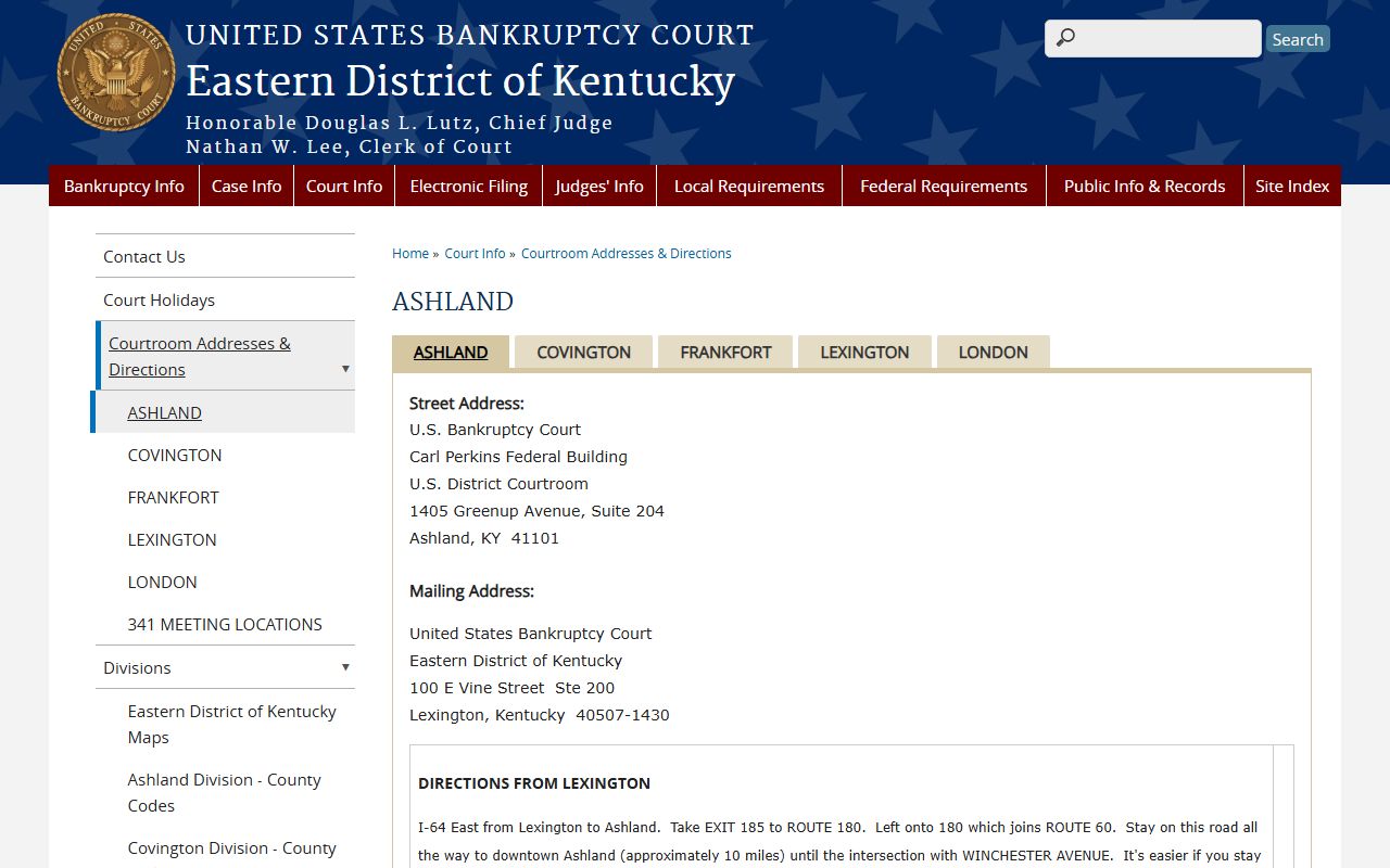 Eastern Kentucky Bankruptcy Court Ashland hearing location page