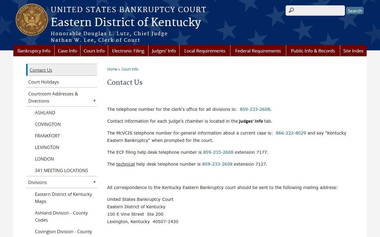 Eastern Kentucky Bankruptcy Court contact information page